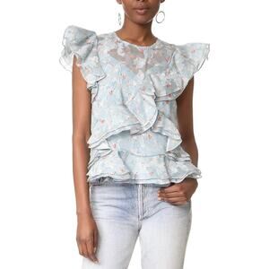 REBECCA TAYLOR Serra Organza Top Womens 0 Blue Floral Print Ruffle Sleeveless